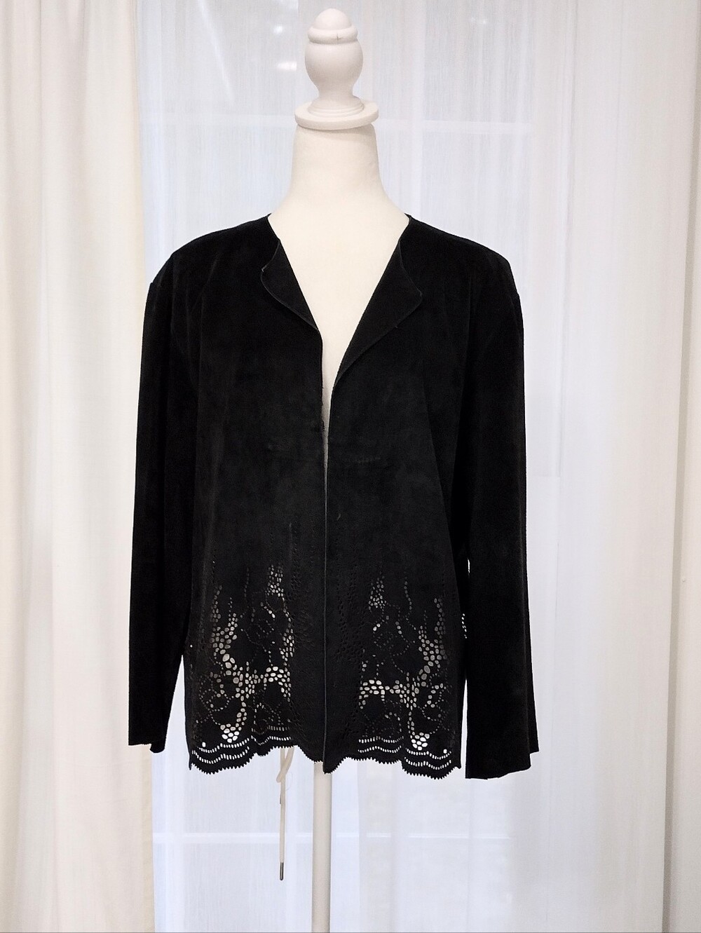 Chico's Sz 3 Black Suede Open-Front Blazer with Laser-Cut Hem